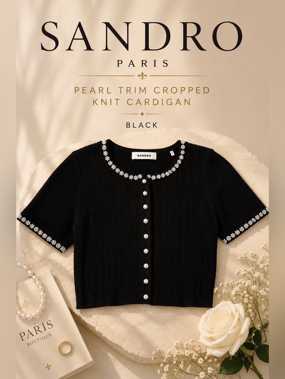 Sandro Black Pearl Embellished Cropped Knit Cardigan Size 0